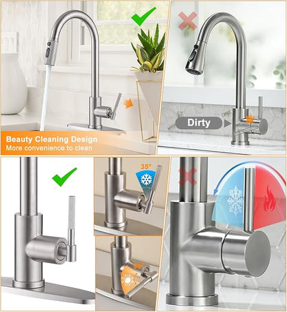 Brushed Nickel Kitchen Sink Faucet with Pull Down Sprayer- High Arc Stainless Steel Single Handle, 3-Spray Mode Metal Head for RV Camper Farm, Fit for 1 or 3 Hole with 10'' Deck Plate