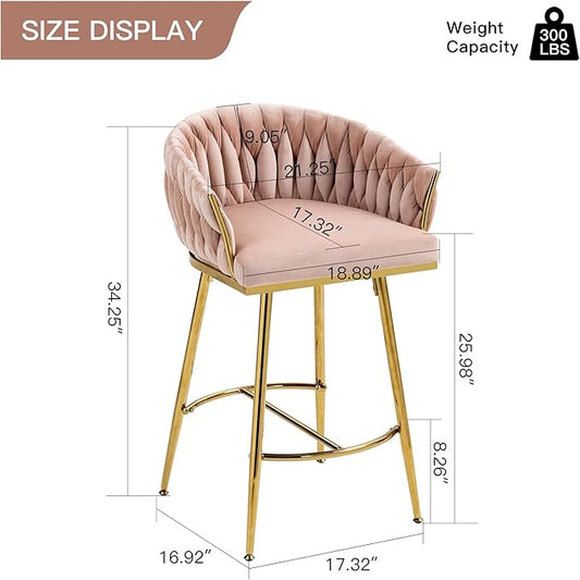 26'' Counter Height bar stools Set of 2 Kitchen Island Counter bar Stool with Hand- Wave Back, Golden Chromed Base and footrest,for Living Room