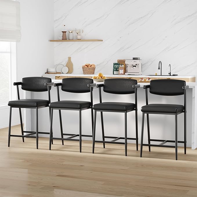 GarveeHome Bar Stools Set of 8 with Arms, 26" Modern 8pcs Counter Height Metal Barstools Set with Back & Footrest, Upholstered Wider Seat, Sturdy Frame, for Counter Bar, Kitchen Island, Retro Black