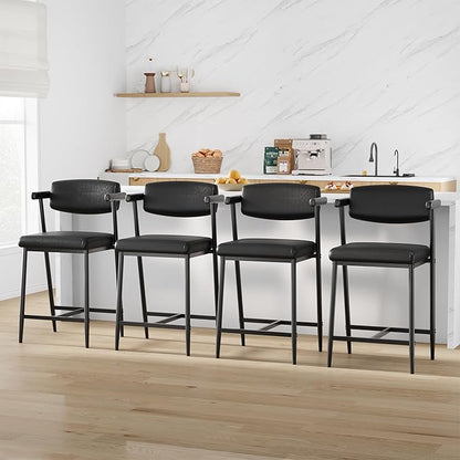 GarveeHome Bar Stools Set of 6 with Arms, 26" Modern 6-Piece Counter Height Metal Barstools Set with Back & Footrest, Upholstered Wider Seat, Sturdy Frame, for Counter Bar, Kitchen Island, Retro Black