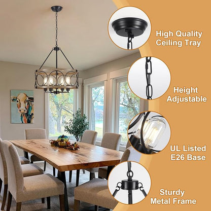 4-Light Farmhouse Chandelier, Rustic Faux Wood Chandeliers Dining Room Light Fixture, Round Pendant Light, Hanging Kitchen Island Light for Living Room, Entryway, Foyer-Black & Wood Grain
