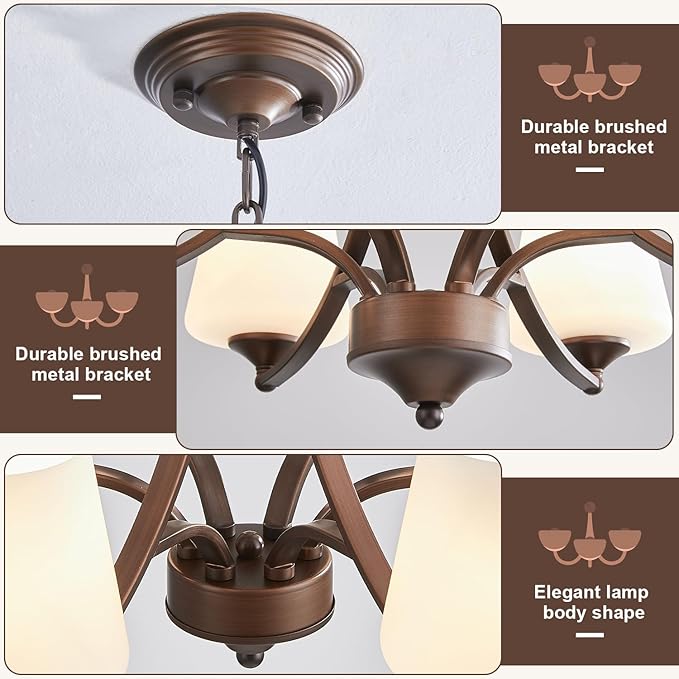 6-Light Farmhouse Chandelier Oil Rubbed Bronze Pendant Light Fixture with Frosted Glass, Rustic Ceiling Lighting Modern Hanging Lamp for Dining Room Living Room Bedroom, 47.2" Height Adjustable