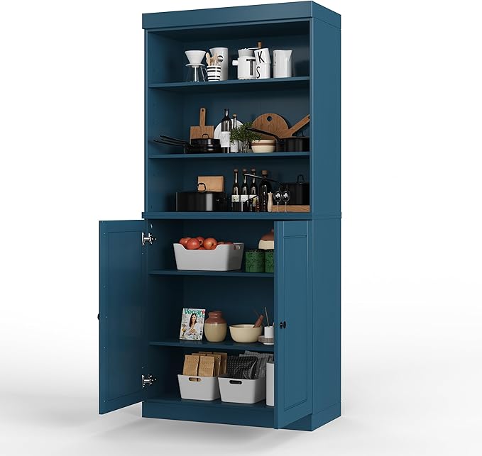Palace Imports 100% Solid Wood Kitchen Pantry w/ 2 Wood Doors, Teal Blue, 32" w x 71.5" h, Renewable Eco-Friendly Pine, Made in Brazil