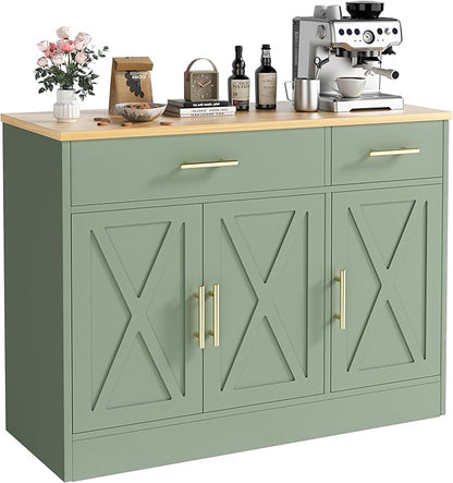 Vongrasig 43” Sideboard Buffet Cabinet with Storage, Farmhouse Coffee Bar with Drawers and Shelves, Wood Buffet Table for Kitchen, Dining Room, Green