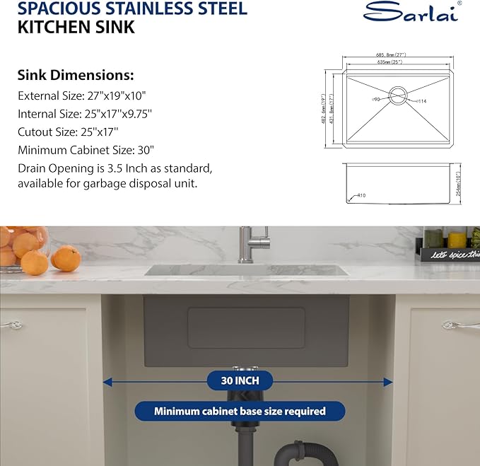 Sarlai 27 Inch Kitchen Sink Undermount - 27"x19" Undermount Sink Ledge Workstation Stainless Steel 16 Gauge Deep Single Bowl Under Counter Kitchen Sinks with Accessories