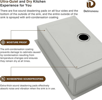 30 Inch Undermount Kitchen Sink - Delironexu 16 Gauge Stainless Steel Handmade Single Bowl Kitchen Sinks with Brushed Finish and Accessories, Modern Sink,30"x18"x9"