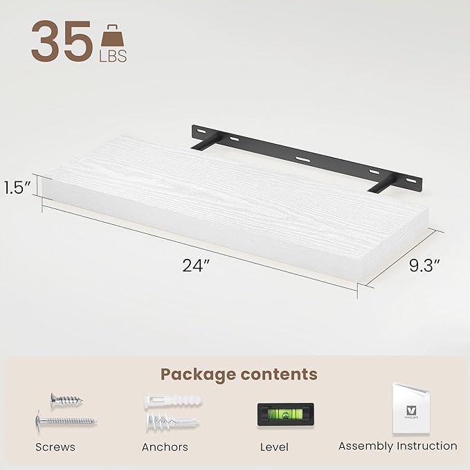 Vivelove White Floating Shelves for wall, 24 Inch Wall Display Shelves with Invisible Brackets, for Bathroom Living Room Kitchen Bedroom Office Farmhouse Home Decor, 24X9.3X1.5 - Set of 2, White