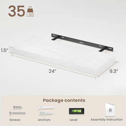 Vivelove White Floating Shelves for wall, 24 Inch Wall Display Shelves with Invisible Brackets, for Bathroom Living Room Kitchen Bedroom Office Farmhouse Home Decor, 24X9.3X1.5 - Set of 2, White