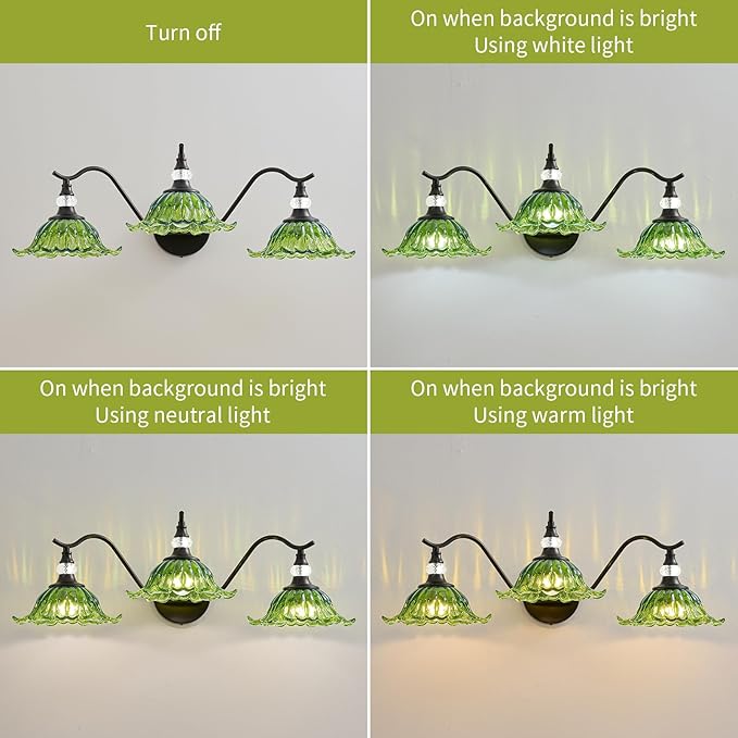 Vintage Bathroom Vanity Light Fixtures - 3 Light Antique Matte Black Bathroom Lights Fixture Over Mirror with Green Flower Glass,Retro High End Wall Mounted Vanity Lighting for Bath Powder Room