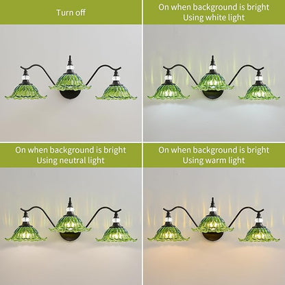 Vintage Bathroom Vanity Light Fixtures - 3 Light Antique Matte Black Bathroom Lights Fixture Over Mirror with Green Flower Glass,Retro High End Wall Mounted Vanity Lighting for Bath Powder Room