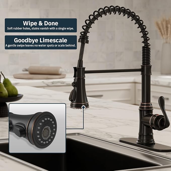 BWE Solid Brass Kitchen Faucet 1 or 3 Hole, Oil Rubbed Bronze Kitchen Sink Faucet with Pull Down Sprayer, Single Handle High Arc Faucet with 3 Mode Spray for RV Farmhouse Bar Kitchen