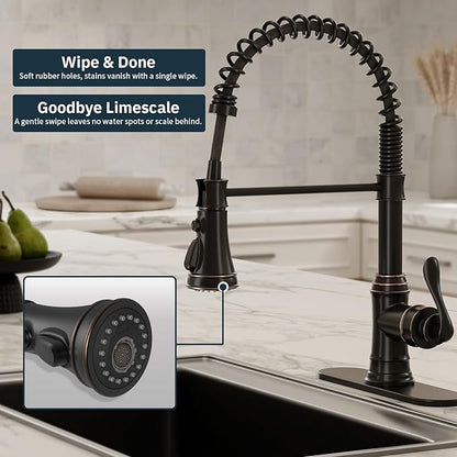 BWE Solid Brass Kitchen Faucet 1 or 3 Hole, Oil Rubbed Bronze Kitchen Sink Faucet with Pull Down Sprayer, Single Handle High Arc Faucet with 3 Mode Spray for RV Farmhouse Bar Kitchen