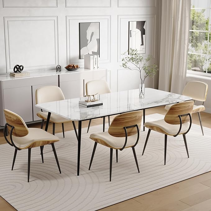 Mid Century Modern Dining Chairs Set of 4, PU Leather Armless Kitchen Chairs with Walnut Bentwood Back & Metal Legs, Sturdy Retro Accent Chairs for Dining Room, Living Room, Beige