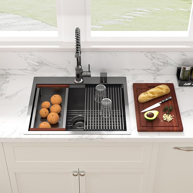 25 Black Drop Kitchen Sink - Sarlai 25 x 22 Inch Kitchen Sink Topmount Ledge Workstation Gunmetal Black Stainless Steel 16 Gauge Single Bowl Over Counter Utility Laundry Sinks Basin