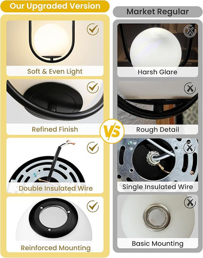 Yunnix Pendant Lights Kitchen Island, Pendant Light Fixtures, 2 Pack Modern Black Globe Glass Pendant Lighting, Mid Century Chandelier One Light for Bathroom Bedroom Dining Room