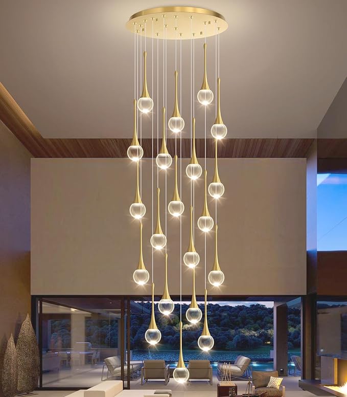 20 Light Crystal Chandelier for High Ceiling Dimmable LED Pendant Lights with Remote Adjustable Chandeliers for Staircase Foyer Living Room Gold