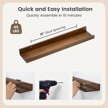 FLYJOE Picture Ledge Wall Shelves 24 inch Width Set of 2, Solid Pine Wood Rustic Floating Ledge Shelves for Wall for Kids' Room Bedroom Kitchen Bathroom Living Room Nursery Display Wall Decor, Walnut
