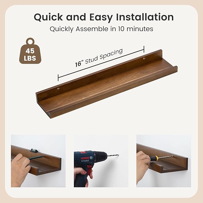 FLYJOE Picture Ledge Shelf for Wall, 24 inch Solid Ash Wood Nursery Book Shelves 2 Packs, Floating Shelves for Kids' Room Bedroom Bathroom Living Room Photo Frames Office Nursey Wall Decor, Walnut