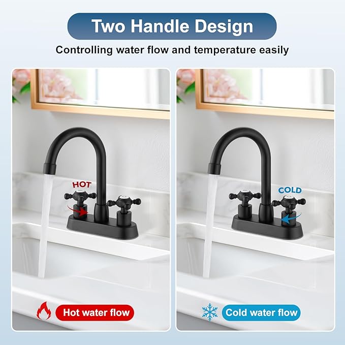 4 Inch Centerset Bathroom Faucets Double Cross Handle Bathroom Sink Faucet Deck Mounted Vintage RV Farmhouse Vanity Basin Mixer Tap with Pop up Drain,Matte Black