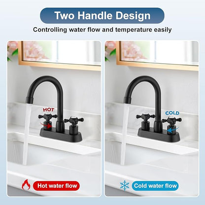 4 Inch Centerset Bathroom Faucets Double Cross Handle Bathroom Sink Faucet Deck Mounted Vintage RV Farmhouse Vanity Basin Mixer Tap with Pop up Drain,Matte Black