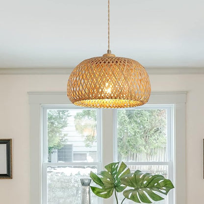 Bamboo Pendant Light Fixture One-Light Adjustable Boho Basket Handmade Woven Pendant Lighting for Kitchen Island Sink Farmhouse Dining Room