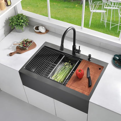 33 Black Drop In Kitchen Farmhouse Sink, Luckyhorse 16 Gauge 33x22 Nano Black Stainless Steel Drop in Topmount Workstation Farmhouse Kitchen Sink with Apron Front LH010SQ
