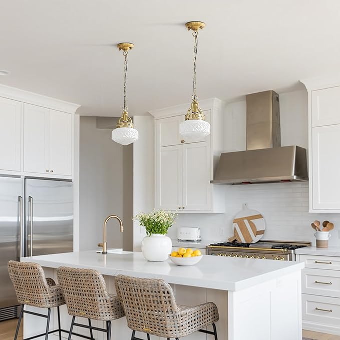 KCO Lighting Vintage Milk Glass Hanging Pendant Light Brass Gold Pendant Light Kitchen Island Mid Century Modern Frosted Globe Chandelier Ceiling Light for Dining Room Living Room