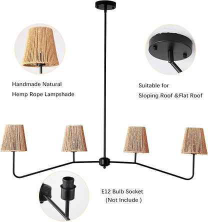 45" W Rattan Farmhouse Kitchen Island Lighting,Industrial Linear Chandelier, 4-Light Pendant Lighting for Kitchen Island Dining Room