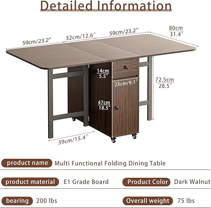 No Assembly Required Foldable Dining Table, Space Saving Extendable Kitchen Island with Drop Leaves for 2-6 People, Collapsible Craft Table with Movable Swivel Wheels for Small Spaces, Walnut