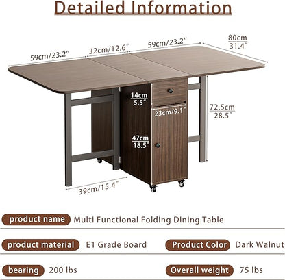 No Assembly Required Foldable Dining Table, Space Saving Extendable Kitchen Island with Drop Leaves for 2-6 People, Collapsible Craft Table with Movable Swivel Wheels for Small Spaces, Walnut