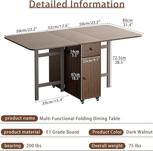 No Assembly Required Foldable Dining Table, Space Saving Extendable Kitchen Island with Drop Leaves for 2-6 People, Collapsible Craft Table with Movable Swivel Wheels for Small Spaces, Walnut