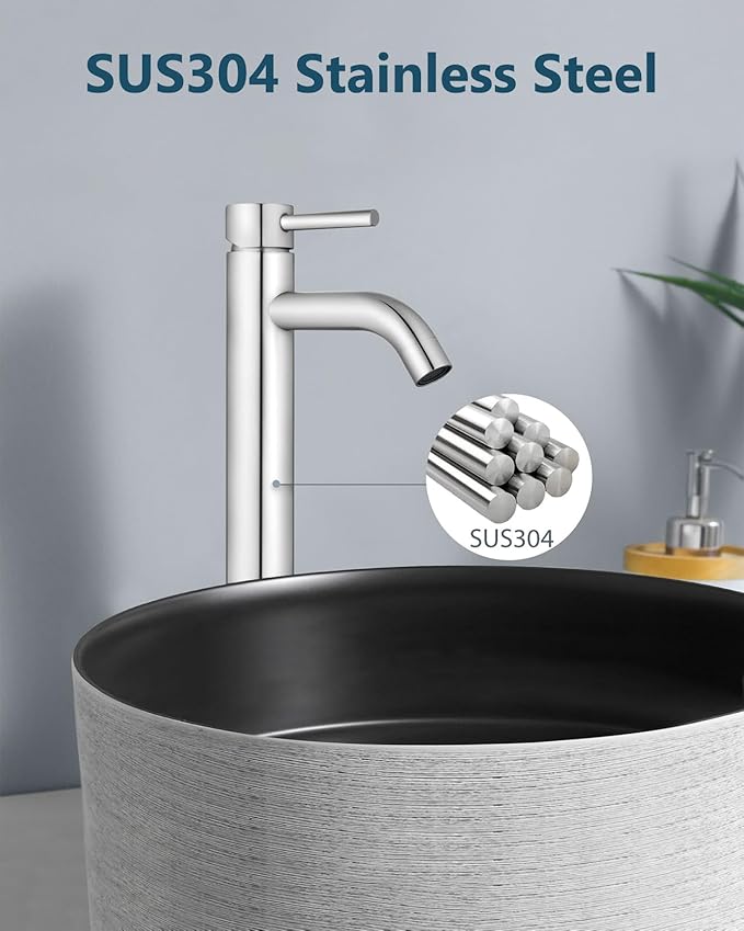 Aolemi Vessel Sink Faucet – SUS304 Stainless Steel Tall Bathroom Faucet,Single Lever Handle,1 Hole Bathroom Faucets with Supply Lines and Pop Up Drain,Polish Chrome