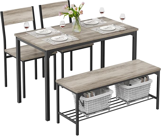 DUMOS Dining Table, Dining Table Set for 4 with Bench, Easy to Assemble Kitchen Table, Space-Saving Ideal 4-Person Set for Dining Room Kitchen Apartment Corner Gray 4 Pack
