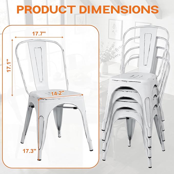 Shahoo Metal Dining Chairs Classic Iron Stackable Industrial Vintage Trattoria with Back, Indoor-Outdoor Side Settee for Home Bistro Cafe Kitchen Restaurant Set of 4, Old White