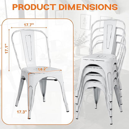 Shahoo Metal Dining Chairs Classic Iron Stackable Industrial Vintage Trattoria with Back, Indoor-Outdoor Side Settee for Home Bistro Cafe Kitchen Restaurant Set of 4, Old White