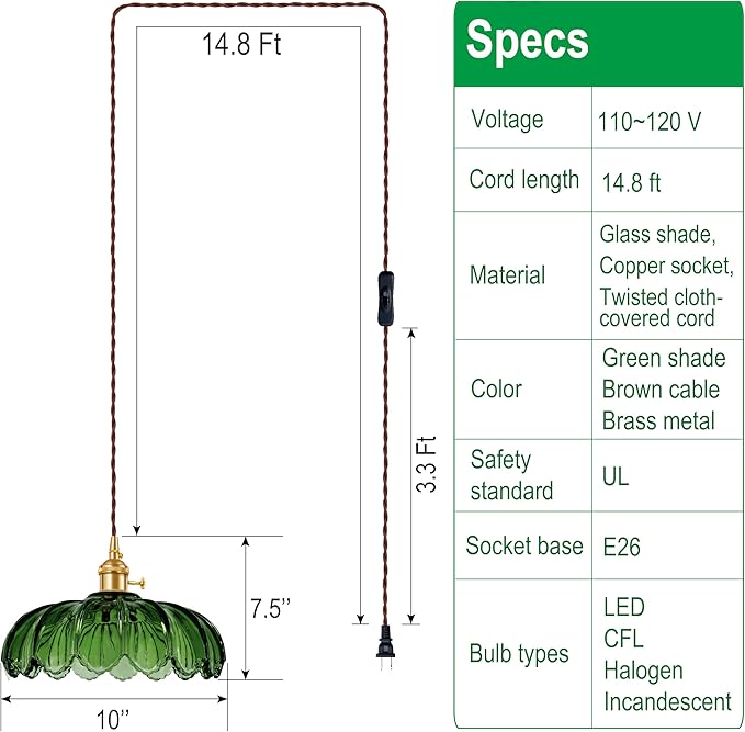 Plug-in Pendant Light Fixture, Hanging Light Fixture, Glass Pendant Light, Swag Lamp with Inline On/Off Switch for Kitchen Island, Bedroom, Dining Room, Living Room (Green Lotus, Plug-in)