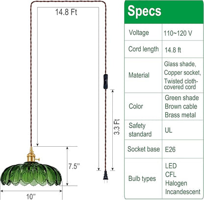 Plug-in Pendant Light Fixture, Hanging Light Fixture, Glass Pendant Light, Swag Lamp with Inline On/Off Switch for Kitchen Island, Bedroom, Dining Room, Living Room (Green Lotus, Plug-in)
