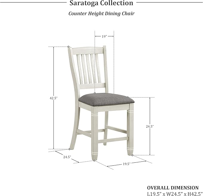Lexicon Counter Height Stools Set of 2 Saratoga Kitchen Counter Stools Upholstered Foam Padded Seat, Slat Back, Solid Wood Frame, Farmhouse Rustic Chair, Easy Assembly, 24.5" Seat Height,Antique White