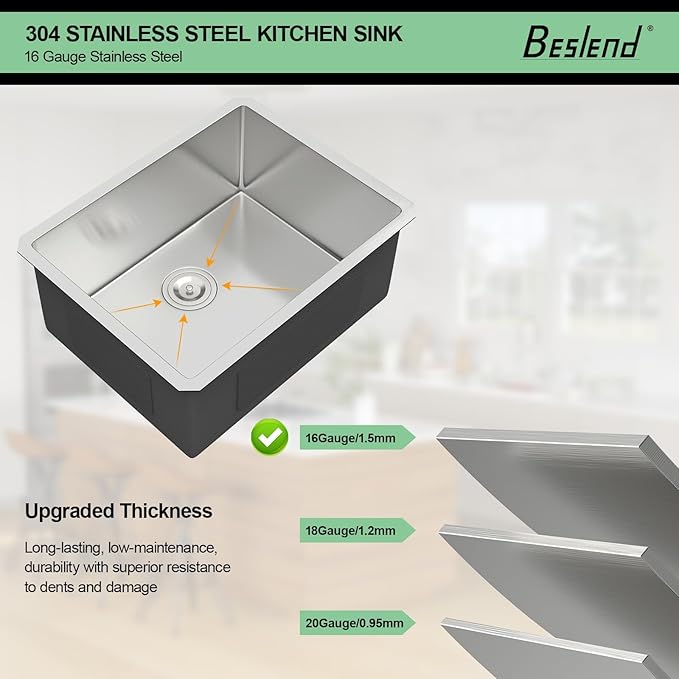 21 Inch Undermount Kitchen Sink - Beslend 21x18x10 Inch Undermount Sink Stainless Steel Under Counter Sinks 16 Gauge Round Corner Sink Single Bowl Bar Sink