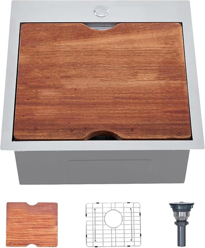 HOTIS 18 X 18 Inch Drop In Bar Sink, Stainless Steel Small Kitchen Sink, Top Mount Deep Workstation Single Bowl, Outdoor Camper Rv Laundry Wet Bar Prep Sinks With Grid & Drain & Cutting Board
