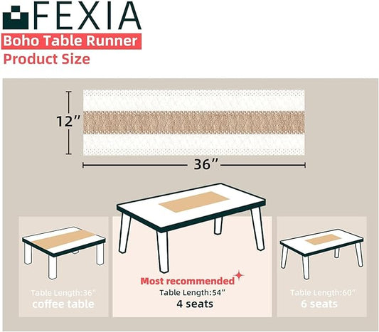FEXIA Boho Table Runner 36 Inches Long(Without Tassel) Thanksgiving Farmhouse Home Decor Rustic Cream & Brown Macrame Table Runner for Dining Bedroom Decor(12x36 Inches)