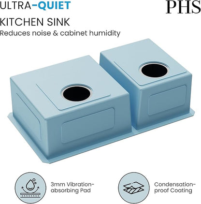 PHS 33-Inch Undermount -50/50 Double Bowl 16 Gauge Stainless Steel Kitchen Sink with Accessories, 9 Inch Deep Sinks with Brushed Finish