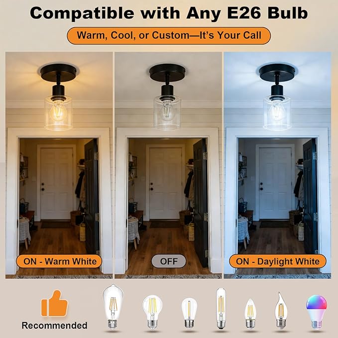 HiBay 1-Light Black Track Lighting Fixture, Ceiling or Wall Mount Adjustable Spotlight with Glass Shade, Modern Farmhouse Industrial Light for Bathroom Vanity, Bedroom, Hallway, E26 Base