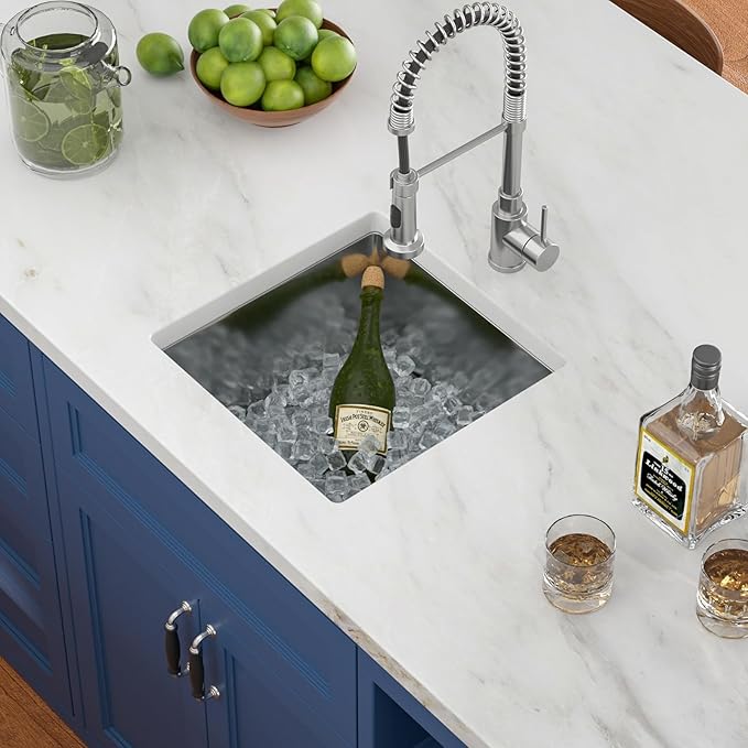 17x17 in Undermount Bar Sink Square Wet Bar Prep Sink Stainless Steel 16 Gauge Single Bowl Undermount Deep Kitchen Rv Outdoor Garage Sink Basin