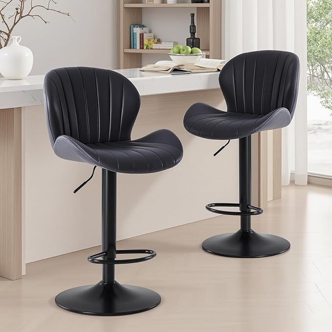 Sweetcrispy Bar Stools Set of 2, Modern Swivel Bar Chairs, Adjustable Fabric Upholstered Barstools Counter Height with Backrest for Bar, Kitchen Island, Dining Room, Black
