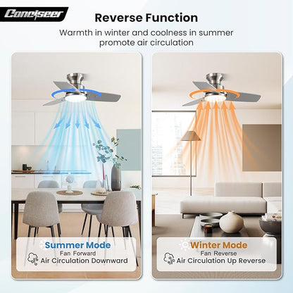 30 Inch Ceiling Fans with Lights and Remote, Bedroom Living Room Office, Flush Mount, 3CCT Dimmable, Dual Color 3 Blades 6 Speed Reversible Quiet DC Motor, Sand-Nickel/Wood Grain, 2 Pack