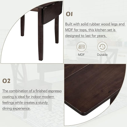 Merax Compact Dining Set for 2 Small Folding Kitchen Table with 2 Chairs Wood Dining Room Table Set for 2 with Foldable Table with Drop Leaf and High Back Chairs