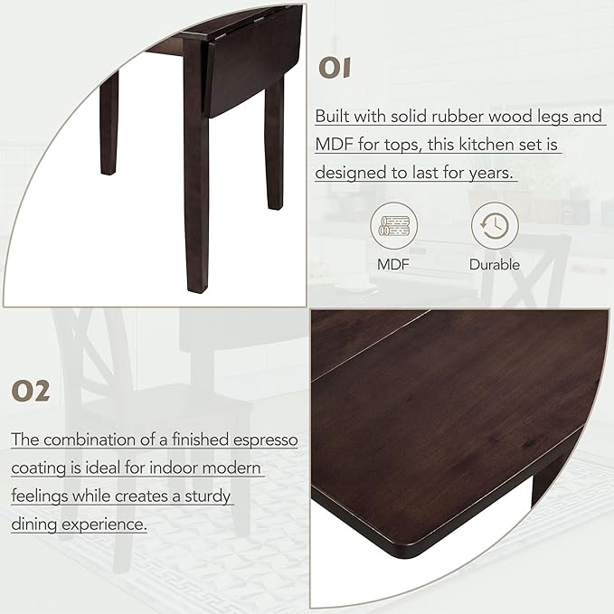 Wood Dining Table Set with 2 X-Back Chairs,3-Piece Drop Leaf Breakfast Nook Table with Chairs for Kitchen Room (Espresso)