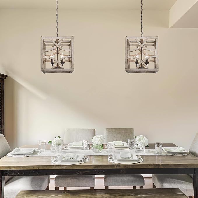Farmhouse Chandelier, 4-Light Wood Chandeliers Rustic Metal & Distressed Wood Finish for Dining Room, Foyer, Kitchen Island