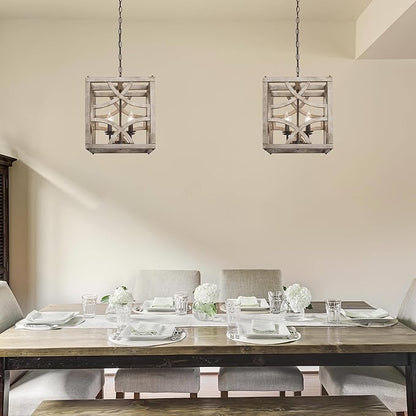 Farmhouse Chandelier, 4-Light Wood Chandeliers Rustic Metal & Distressed Wood Finish for Dining Room, Foyer, Kitchen Island